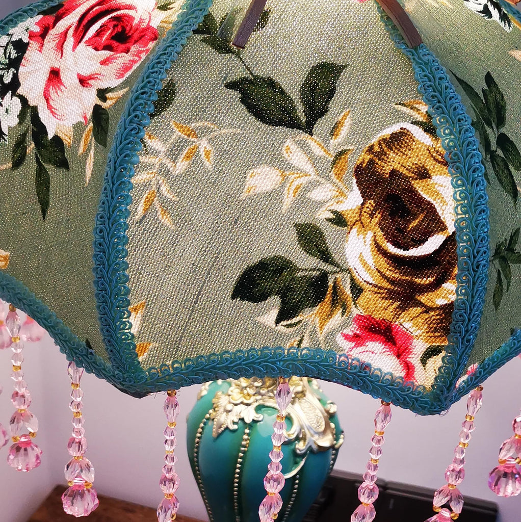 Dimmable Green Victorian Table Lamp Floral Fabric Shade