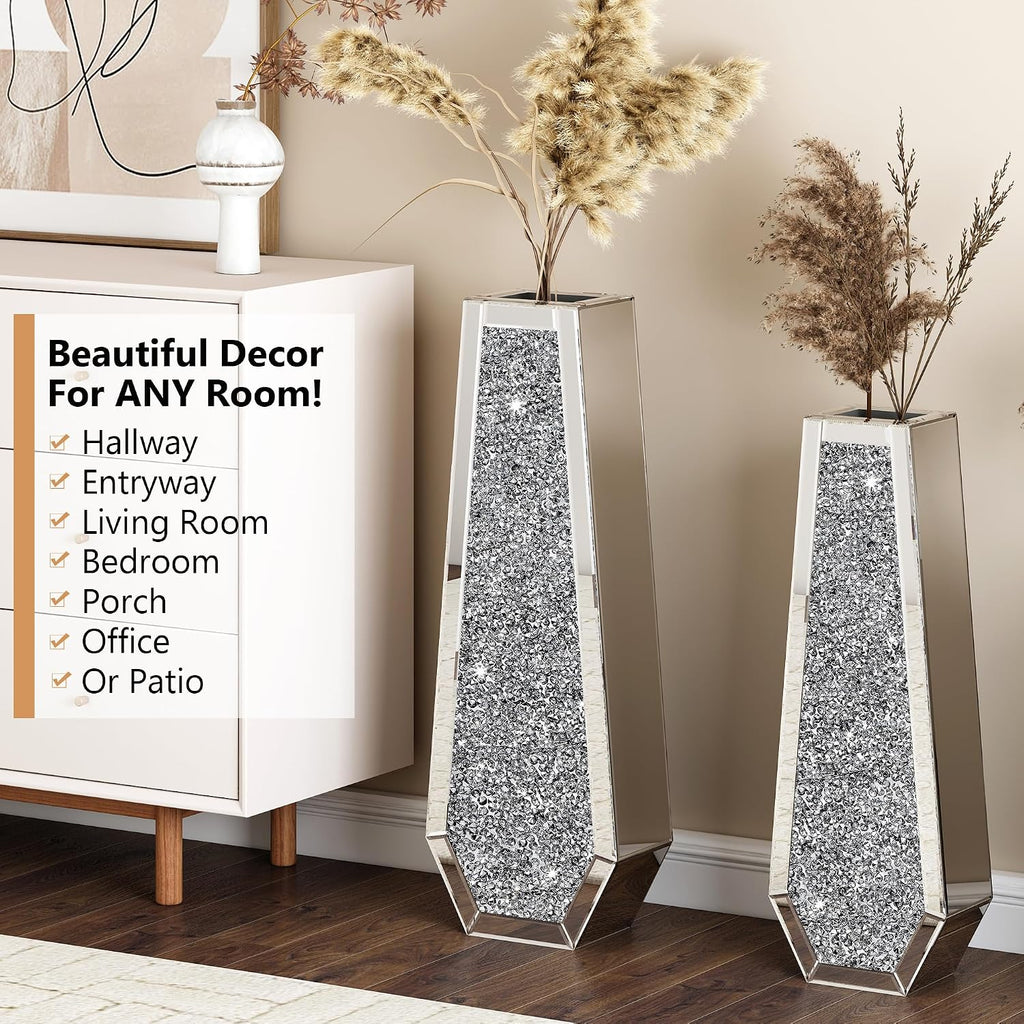 30" Floor Vase Crushed Diamond Mirrored Vase Silver Tall Vases for Floor, Large Crystal Glass Decorative Floor Vases