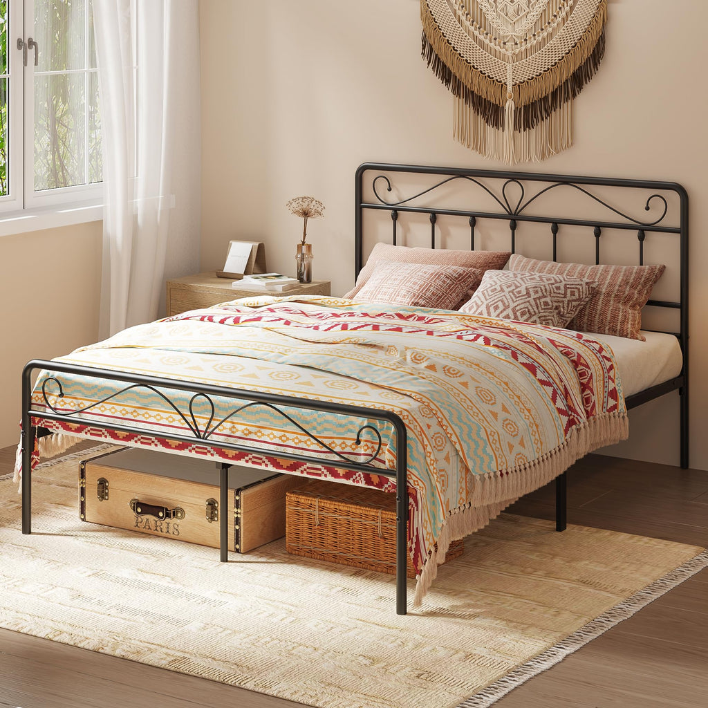Queen Bed Frame with Victorian Style Headboard Metal Bed Frame Queen Size with Storage Space No Box Spring Needed