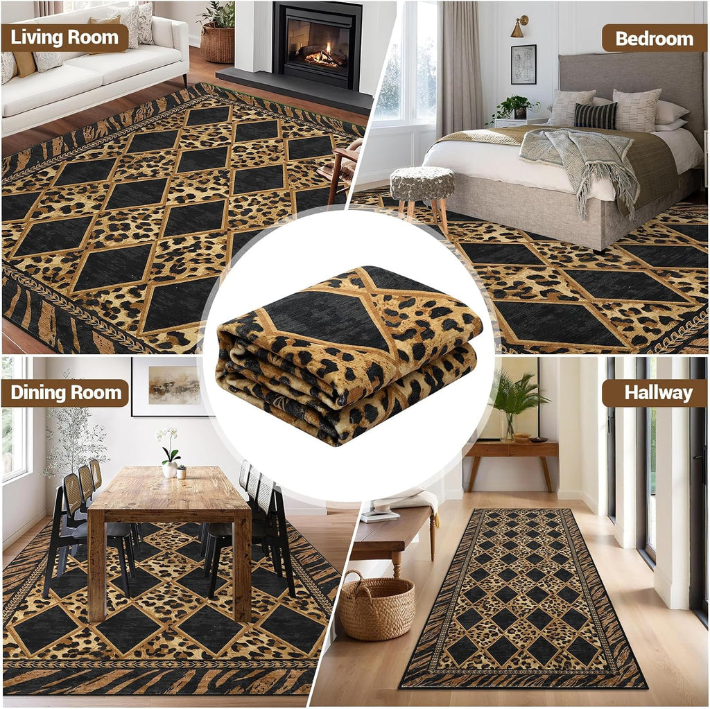 Checkered Leopard Print Area Rug, Soft Low Pile Non-Slip Large Living Room Rugs Machine Washable Indoor Carpet Dining