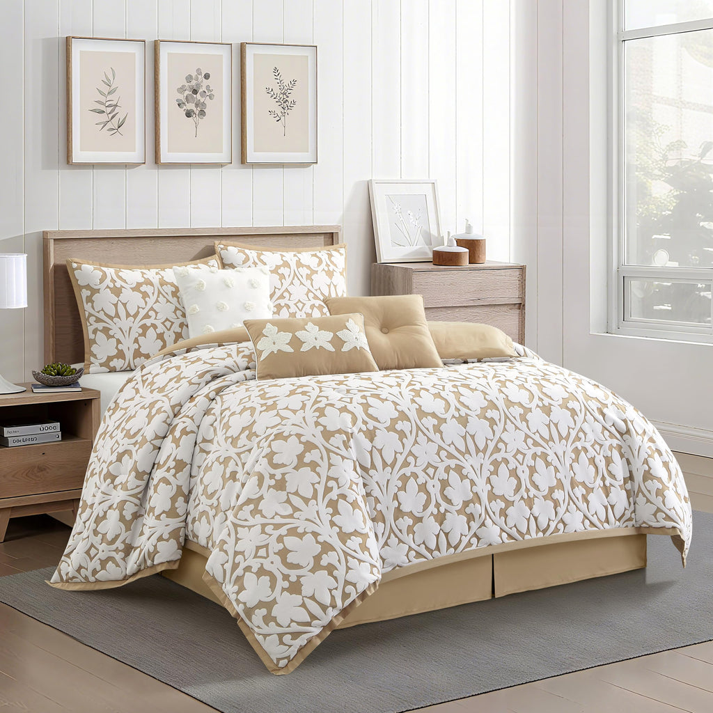 7 Piece Khaki Comforter Set, California King Size Jacquard Bedding Set, All Season Floral Leaves Bedding, Matching