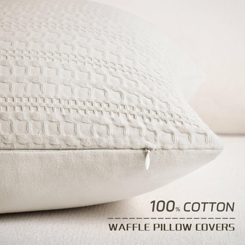 Waffle Throw Pillow Covers Set of 2, 22x22 Inch Ecru