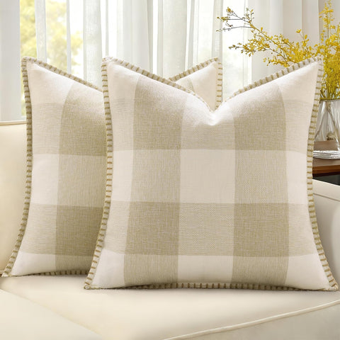 Summer Buffalo Plaid Check Throw Pillow Covers 18x18 Set of 2 Outdoor Linen Decorative Farmhouse Gingham Pillow