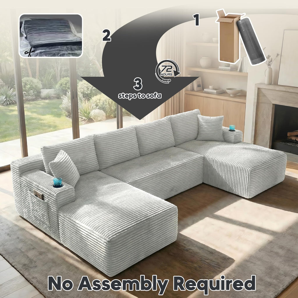 125" Oversized Cloud Boneless Couch with Chaise, Modern Modular Sofa with Deep Seat, Corduroy Upholstered U Shaped