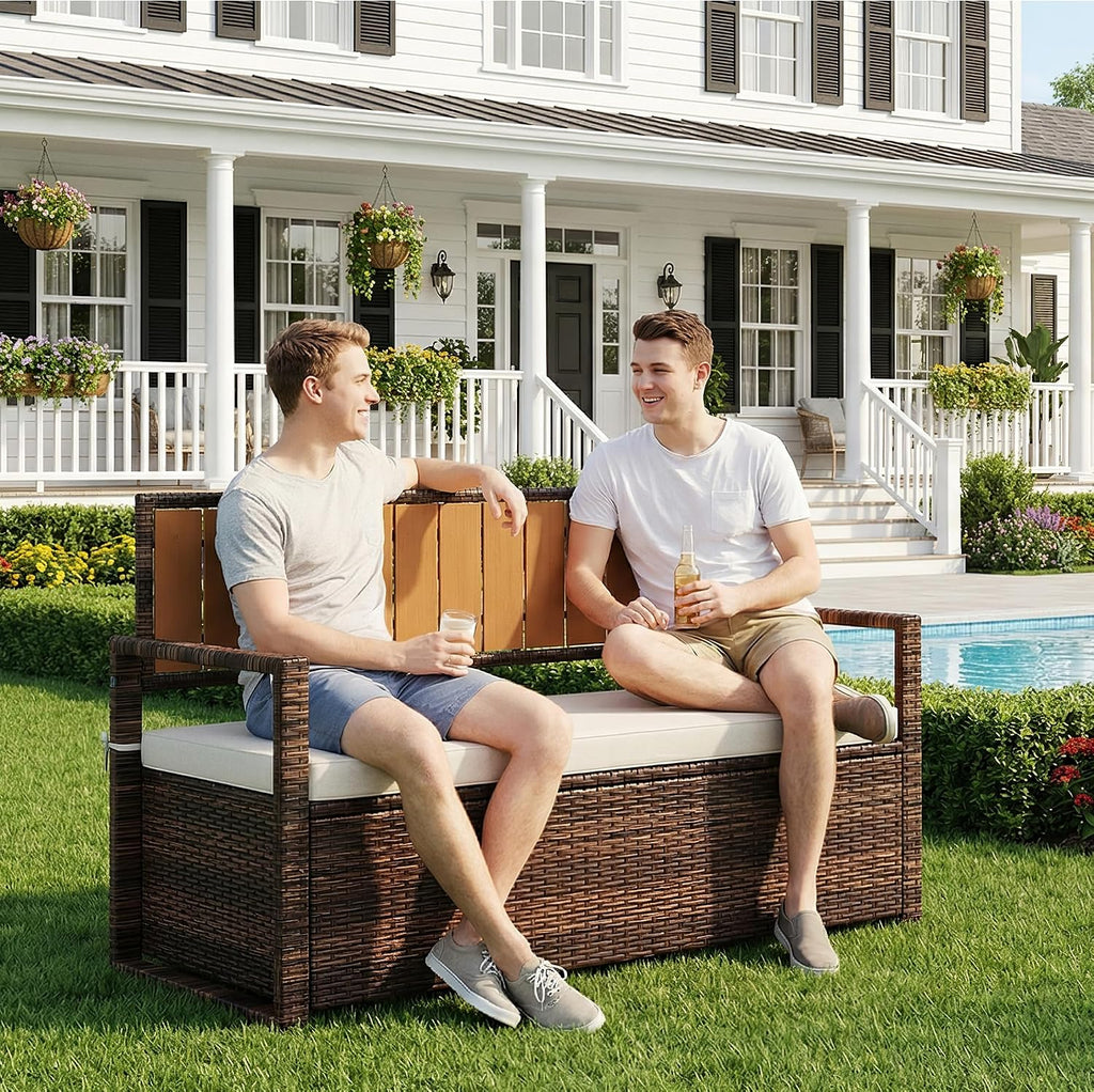 75 Gallon Outdoor Storage Bench with Cushion, 2-Seater PE Rattan Patio Storage Box with Backrest & Armrests
