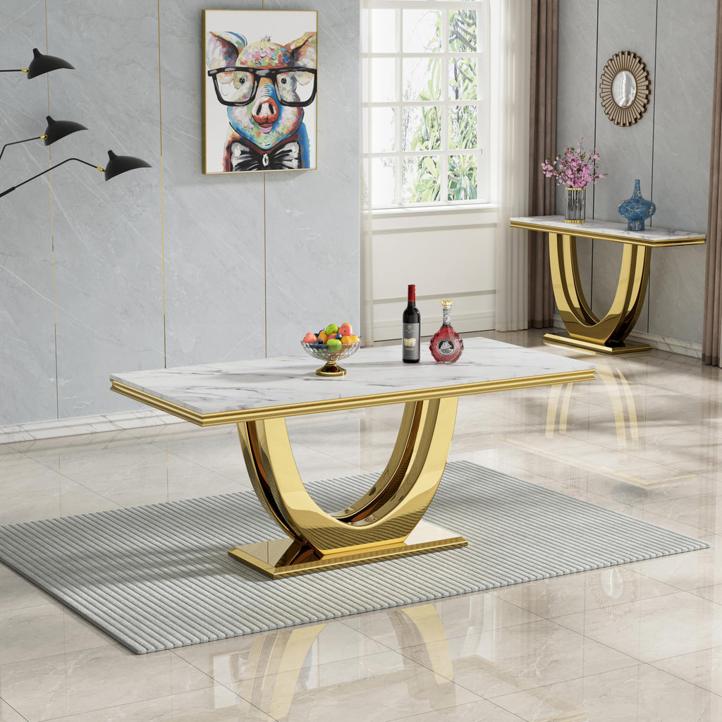 68" Faux Marble Dining Table for 4-6 Gold Stainless Steel Base