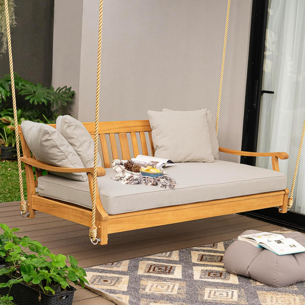 Robin Teak Wood 6 FT Porch Swing Bed, Upgraded Patio Porch Swing Daybed with Thick Cushion Support, 750 LB Weight
