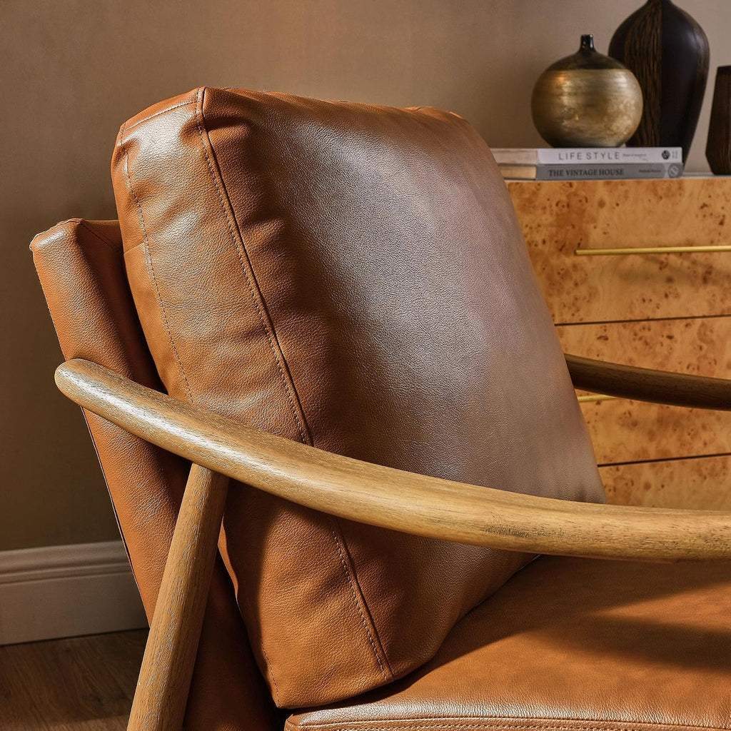 Langford Faux Leather Upholstered Armchair - Mid-Century Modern Armchair with Wood Frame - PU Leather Accent Chair or