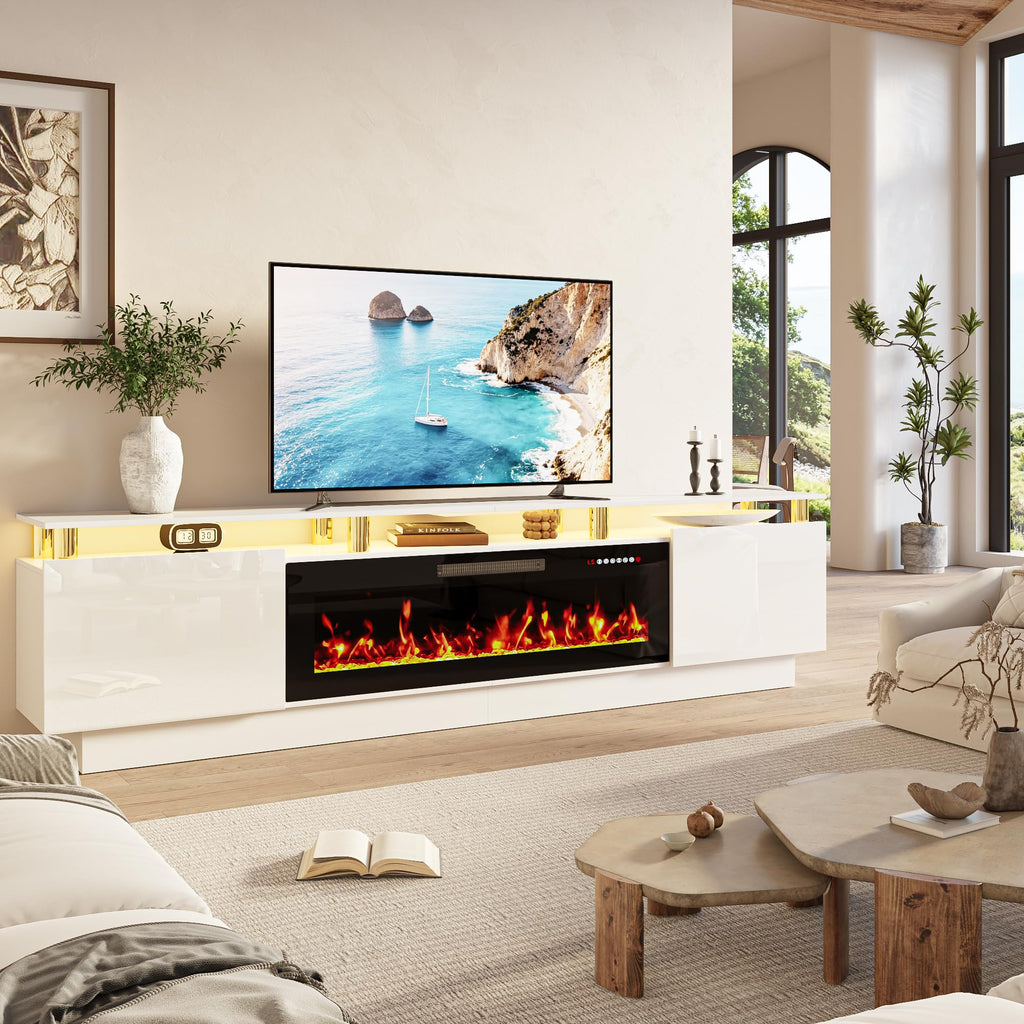 80" Modern Fireplace TV Stand with 36" Electric Fireplace for TVs Up to 90 inch, Luxury LED Light Entertainment