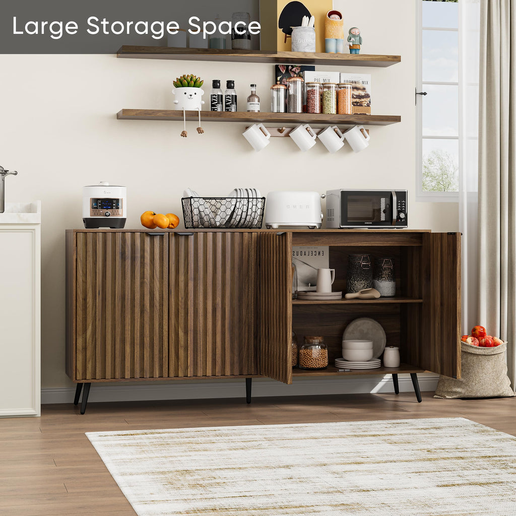 63" Fluted Sideboard Cabinet, Freestanding Walnut Buffet Cabinet with Adjustable Shelf, Wood Storage Cabinet