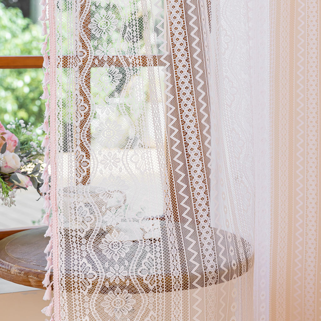 Pink Lace Tier Curtains 36 Inch Length 2 Panels Kitchen Cafe Sheer Short Boho Half Country Rod Pocket Curtains for