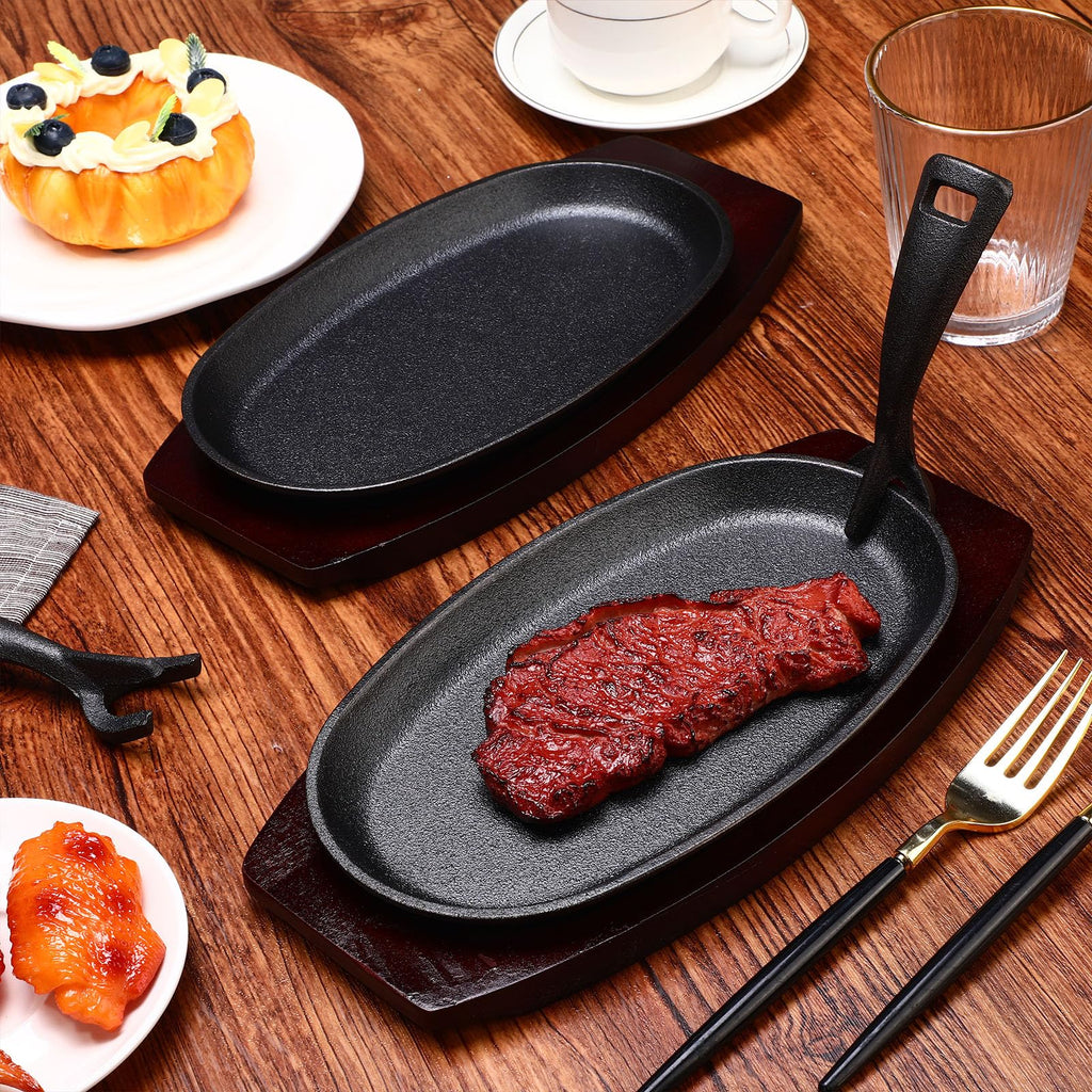 8 Pieces Cast Iron Fajita Skillet Pan Set Sizzling Steak Plate