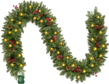 Prelit with Lights, 100 Warm White LED, 27 Pine Cones, 27 Red Berries Christmas Indoor and Outdoor Decorations