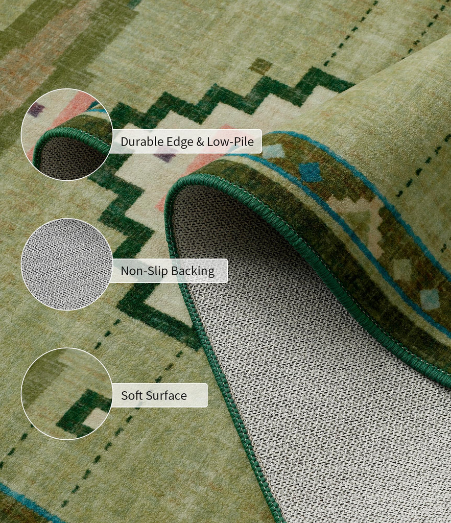 Washable Green Mid Century Modern Runner Rug