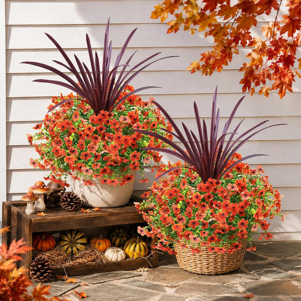 Fall Flowers Artificial Mums for Outdoors Autumn Decor, 12 Bundles Orange Fake Fall Mums with Burgundy Orchid - Set of 13