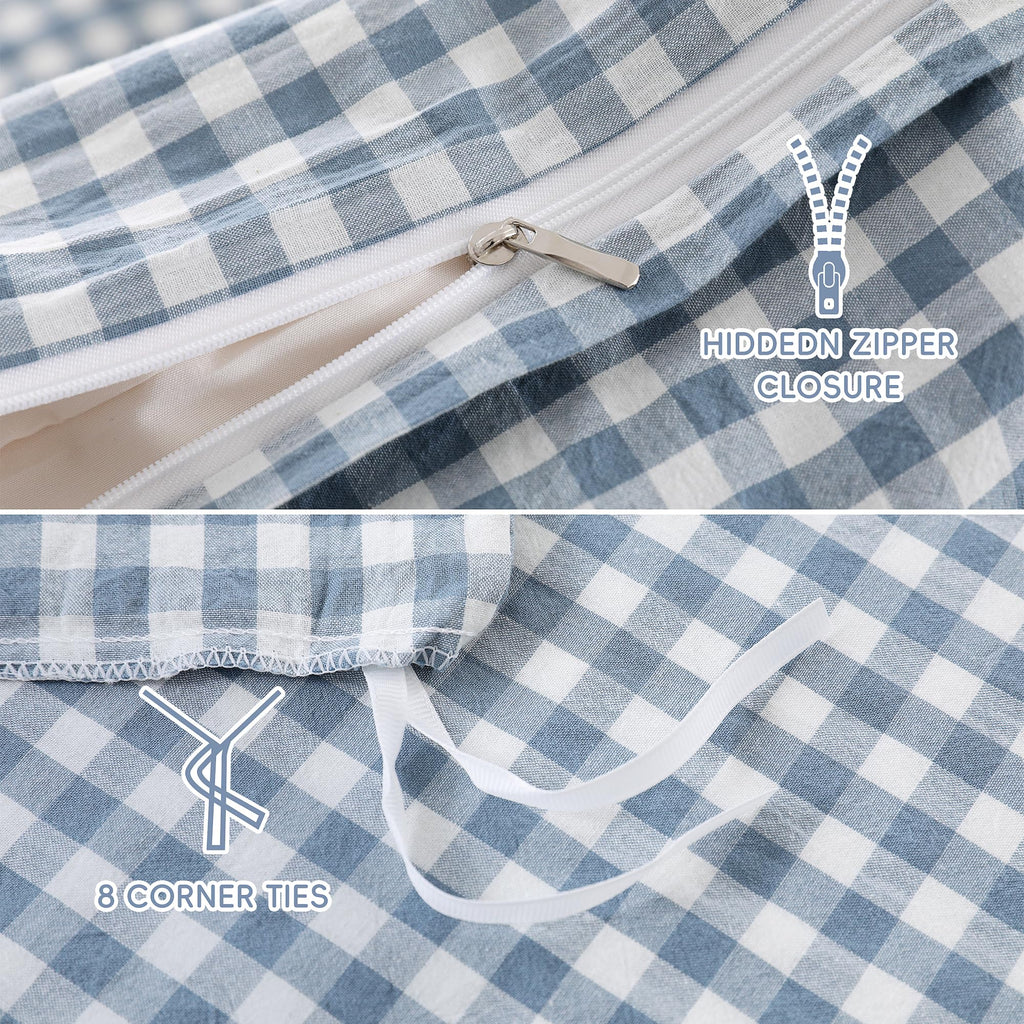 Cotton Pale Blue Gingham Duvet Cover Bedding Set Linen Like