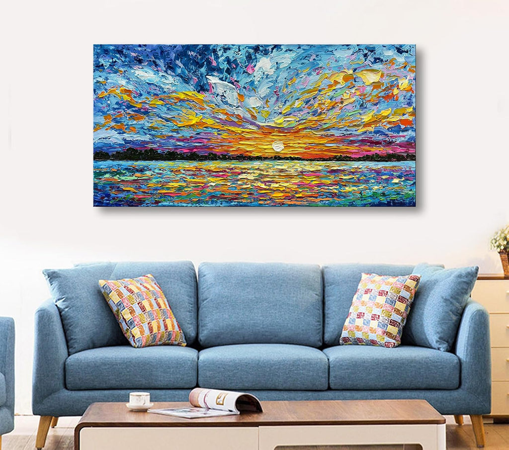 Art Hand-painted Sea Sunrise landscape Modern Abstract Oil painting Large Canvas Art Hall Bedroom Office Wall