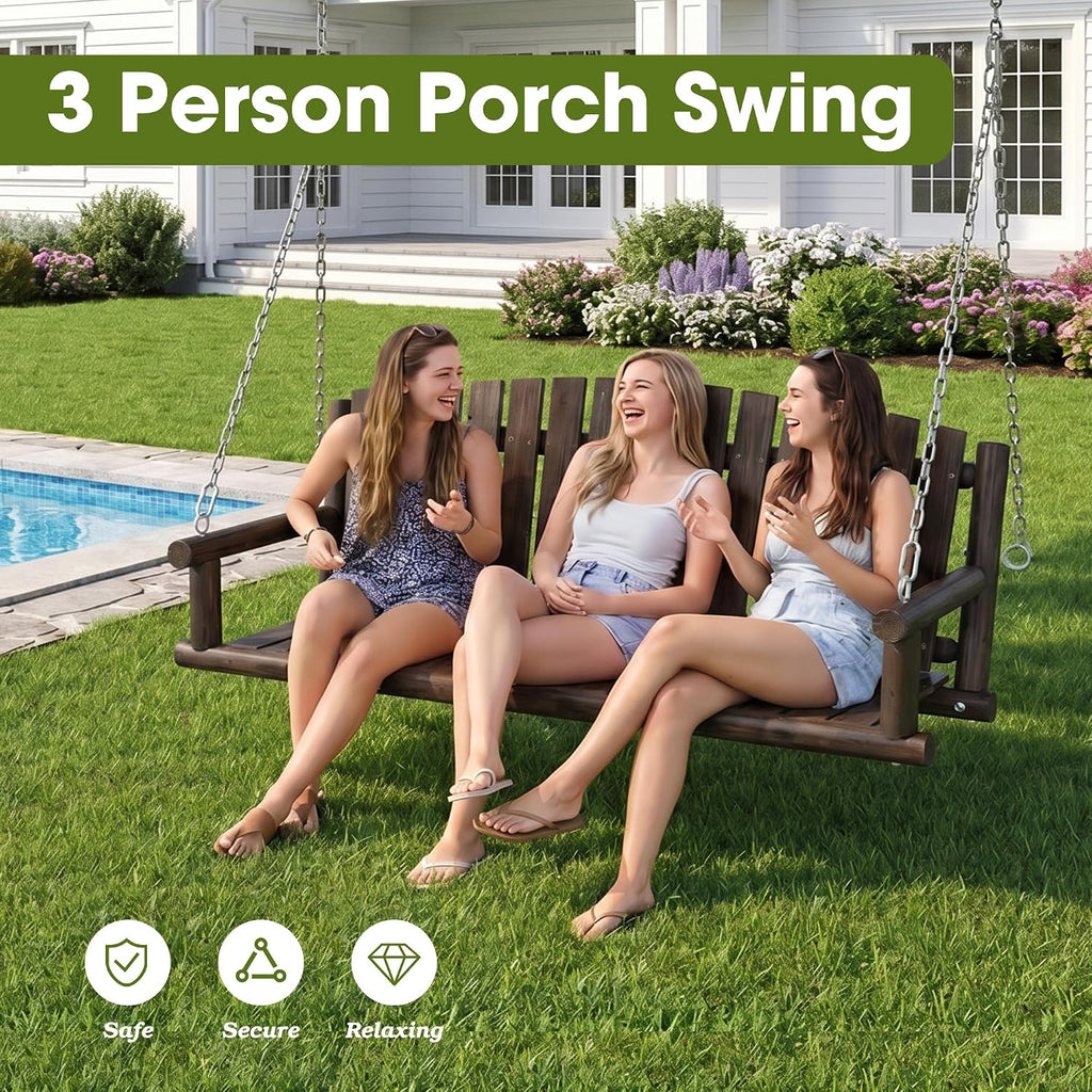 5FT Outdoor Wooden Porch Swing, 3 Person Patio Hanging Bench, Heavy Duty 900 LBS Swing Chair, Solid Fir Wood Porch