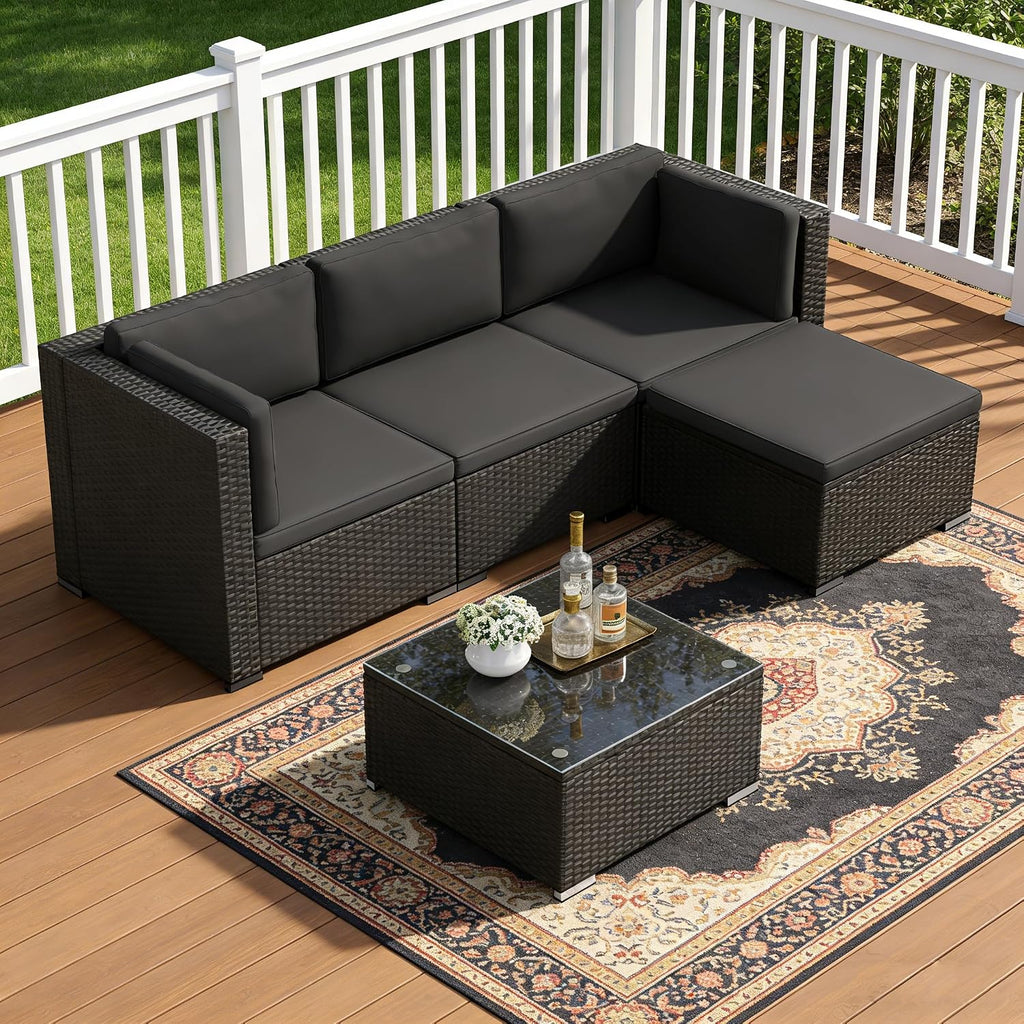 5-Piece Outdoor Patio Furniture Set, All-Weather PE Rattan Sectional Sofa with Ottoman, Glass Coffee Table &