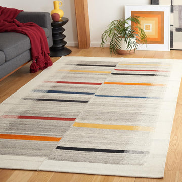 Kilim Collection Area Rug, Ivory & Grey, Handmade Flatweave Wool, Boho Southwestern Design, Ideal