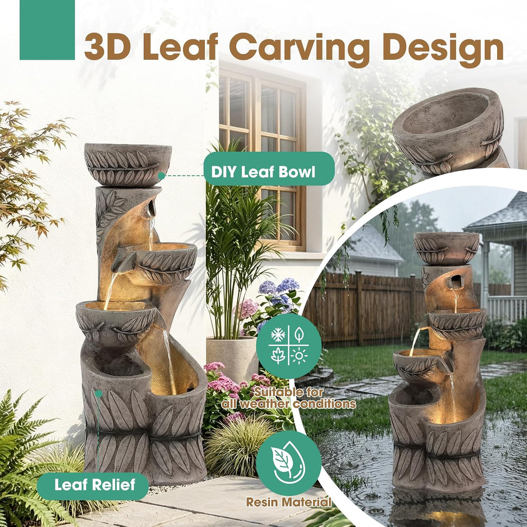 36" H Garden Water Fountains Outdoor, Waterfall Fountain with Lights | 4-Tier Large Cascading Leaf Carving Indoor