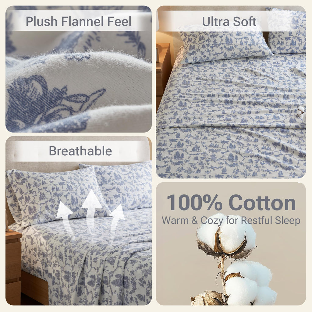 Cozy Flannel Sheets 100% Cotton, Cal King Sheet Set, 4psc