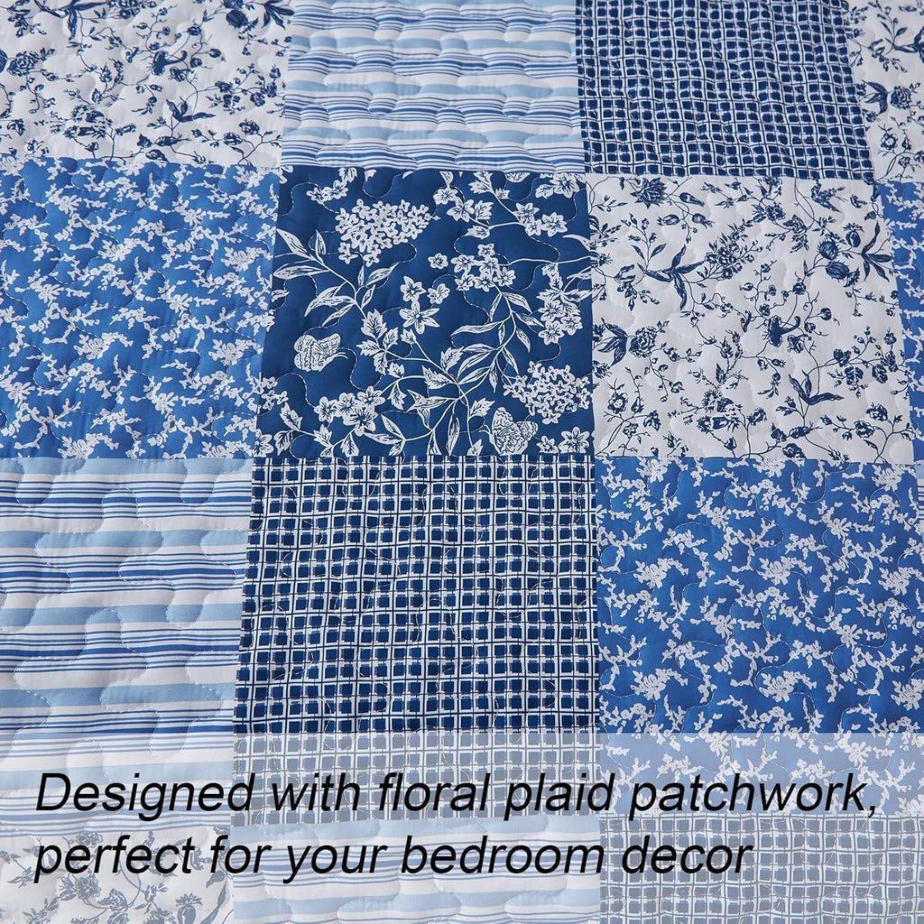 Blue Quilt Set California King, 3 Pieces Plaid Floral Bedspread Set Patchwork Reversible Bedding Set Microfiber
