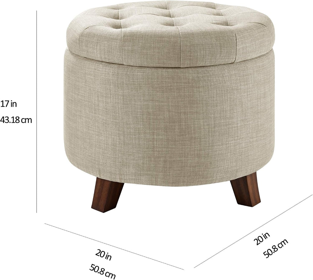Round Storage Ottoman Foot Rest, Button Tufted Upholstered Footstool with Storage, Sturdy Linen Fabric , 20" x 17"