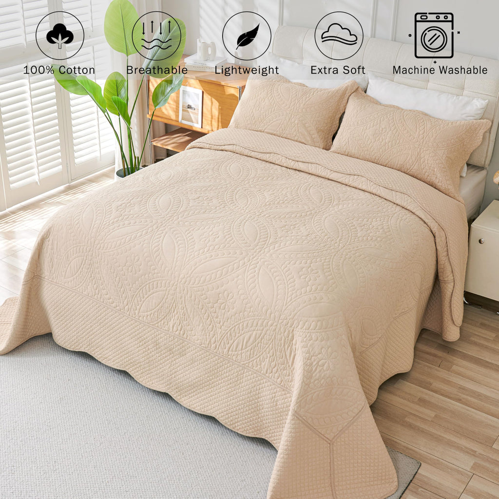 100% Cotton Quilt -Beige Bedspread 106"x96"-Coin Pattern Bedding Set 3 Pieces-Pre-Washed Lightweight Cotton