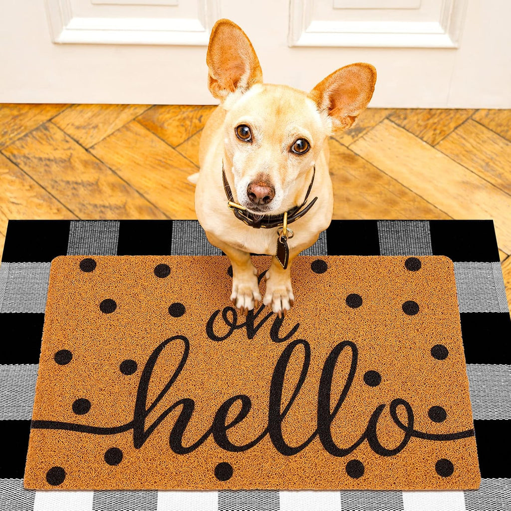 2 Pcs Front Door Mat Buffalo Outdoor Rug Oh Hello Doormat Decor Coir Mat Nonslip Porch Checkered Layered Front Door