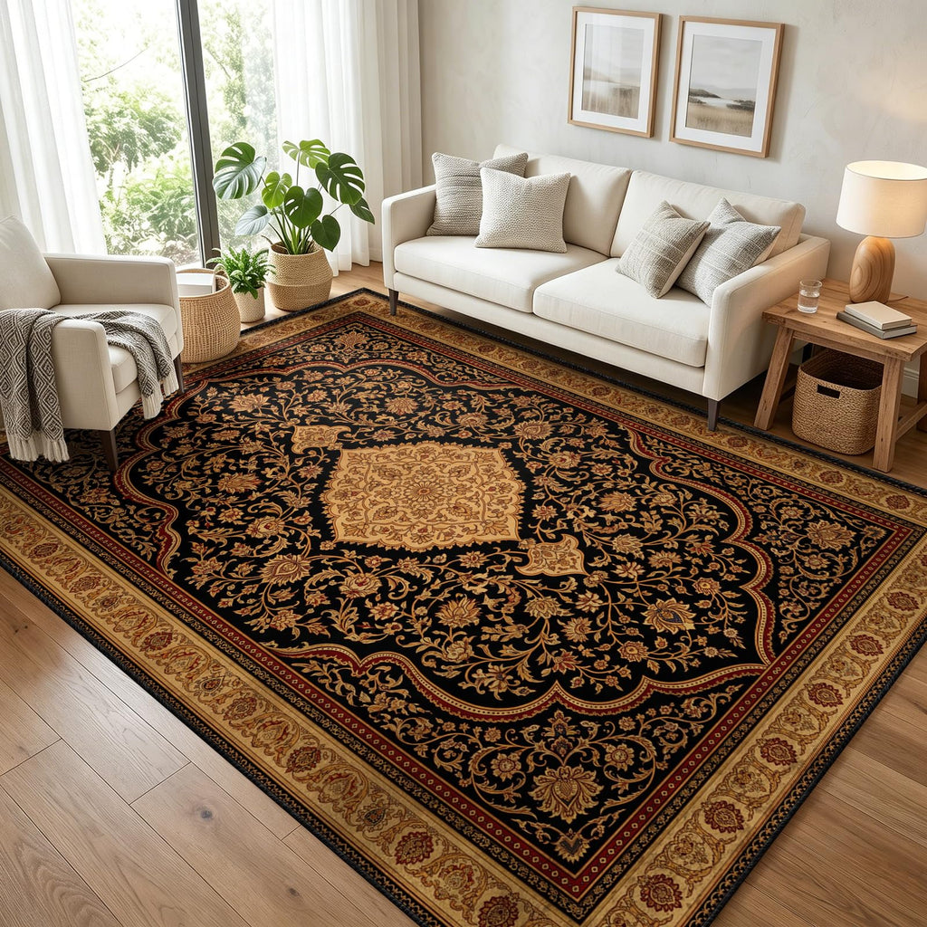 Gothic Victorian Rug Black Gold Boho 8x10 ft Area Rug