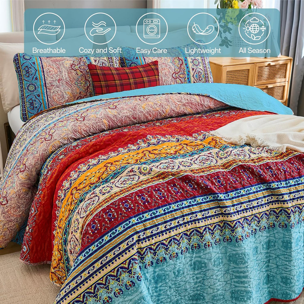 Bohemian Quilt Set Queen, Boho Striped Pattern Quilts Bedspread Set for All Season, Soft Microfiber Bedding Coverlet