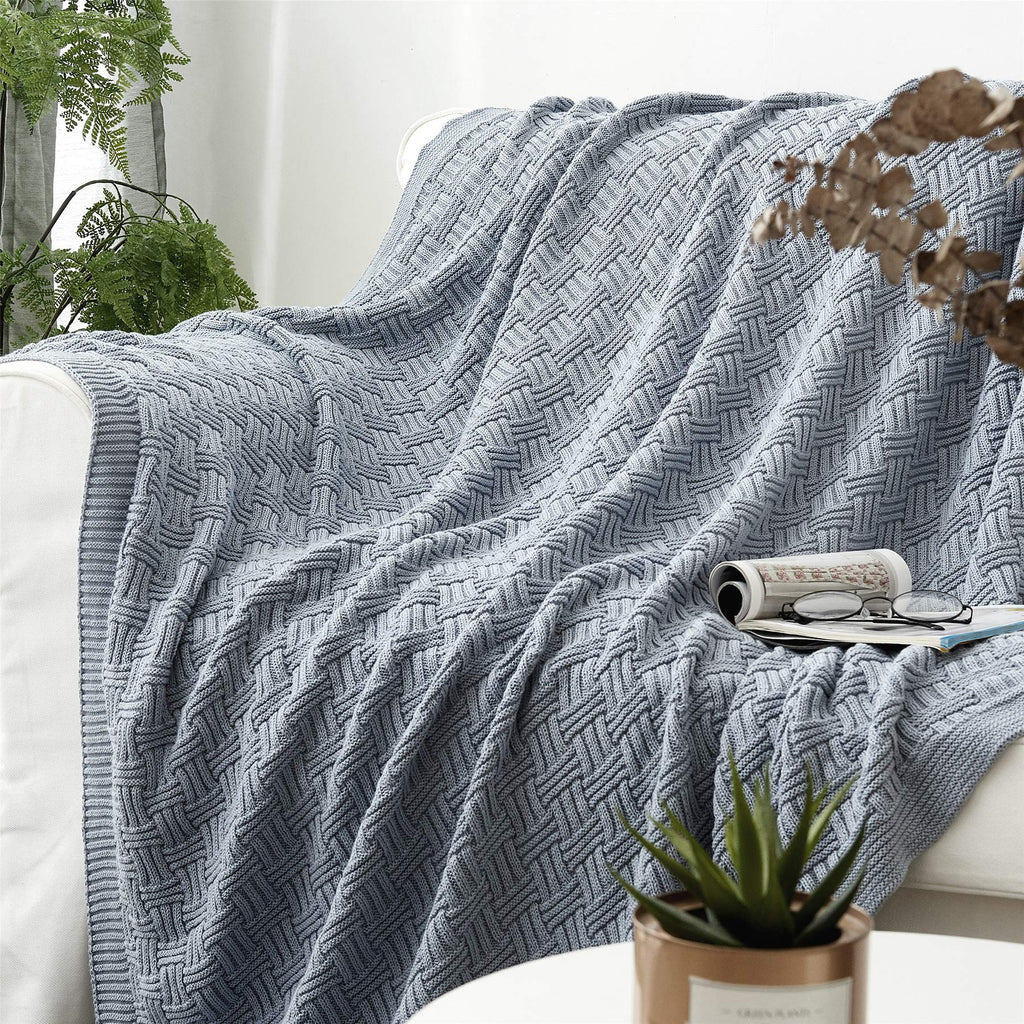 Large Grey Blue Cotton Knit Throw Blanket for Couch Sofa Bed - Home Decorative Soft Cozy Sweater Woven Fall Cable