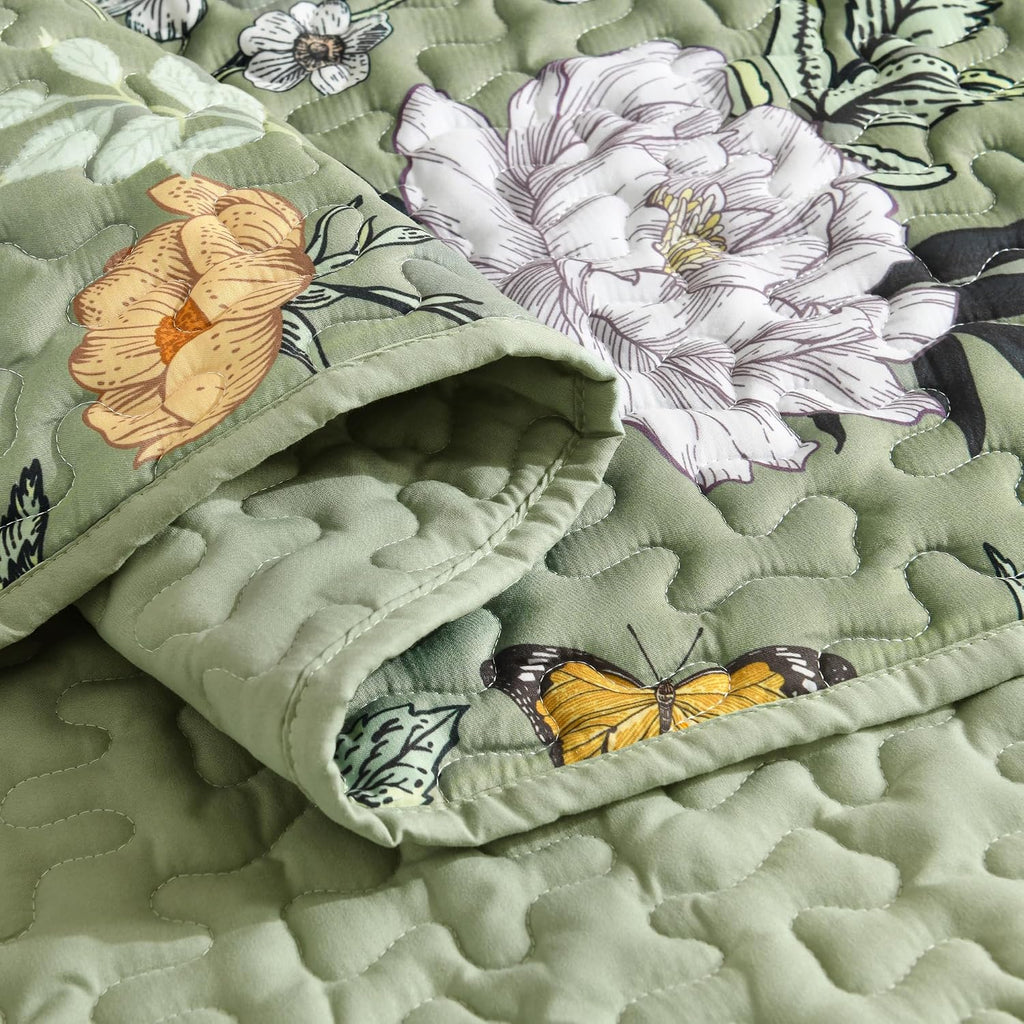 Floral Green Quilt California King - 3 Pieces Cal King Sage Botanical Birds Pattern Quilt Bedding, Spring Lightweight