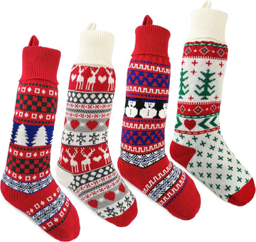 Set of 4 20'' Extra Long Knitted Christmas Stockings Stretchable Handmade Woven Snowflakes and Reindeer Assorted Xmas