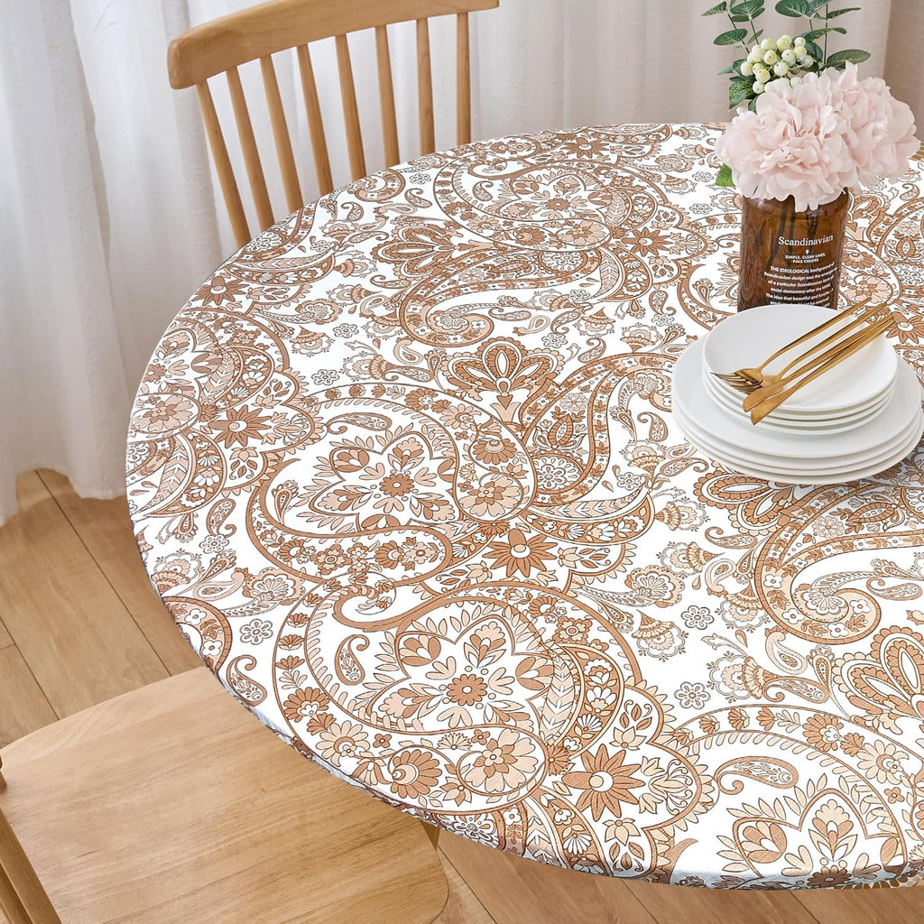 Luxury Paisley Round Vinyl Tablecloth with Flannel Backing - Waterproof, Oilproof, Wipeable Dining Table Cover for