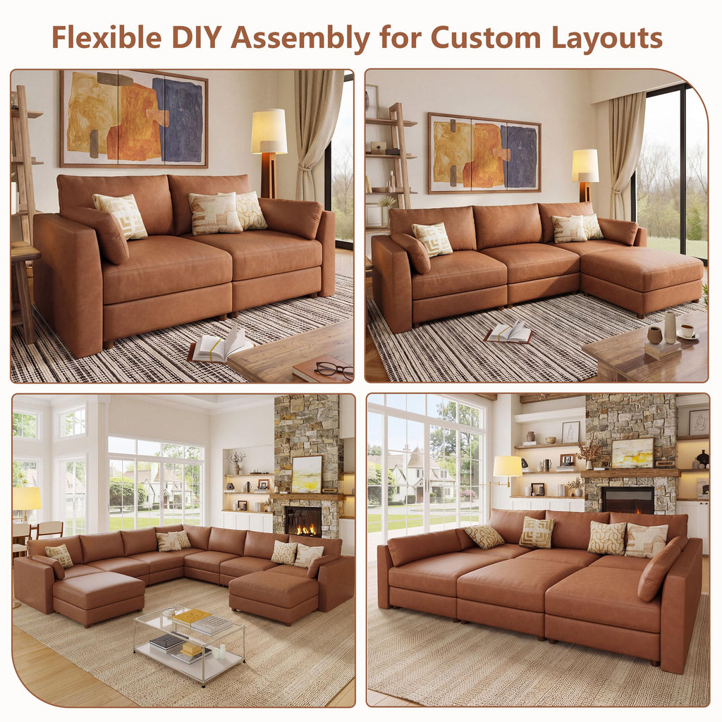 Faux Leather Modular Sectional Sofa Wide L Shaped Couches Brown