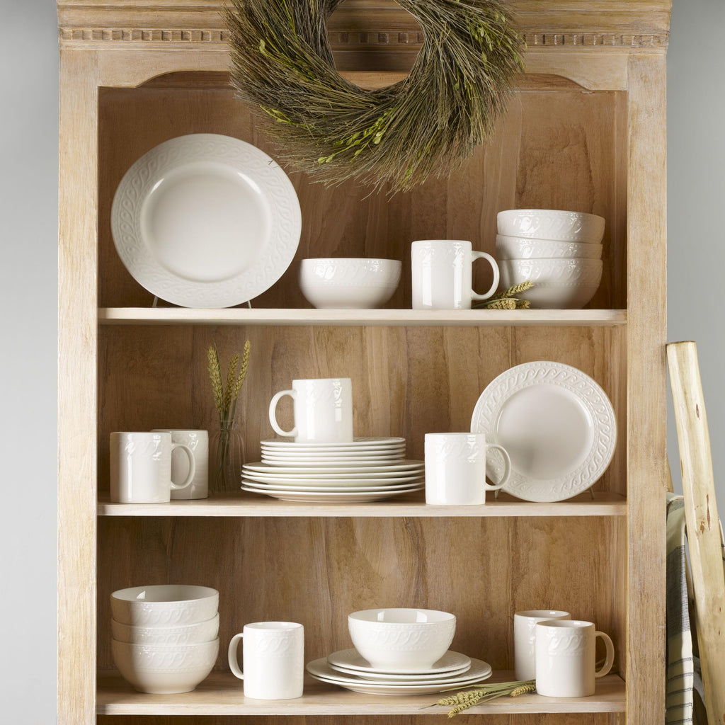 Sylvia Dinnerware Set 32-Piece Service for 8 - White Porcelain Dinner Plates, Salad Plates, Soup Bowls and Mugs