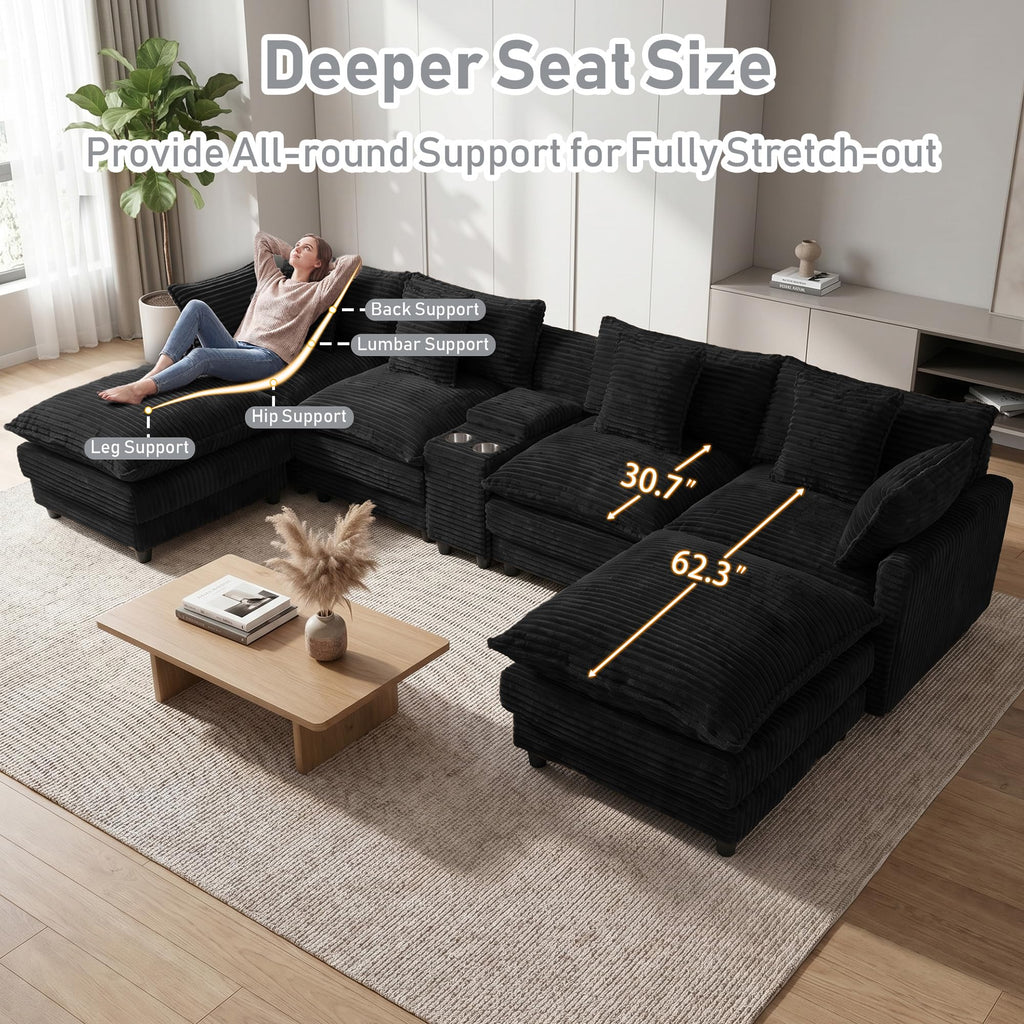 143" Oversized U-Shaped Cloud Sectional Sofa, Black