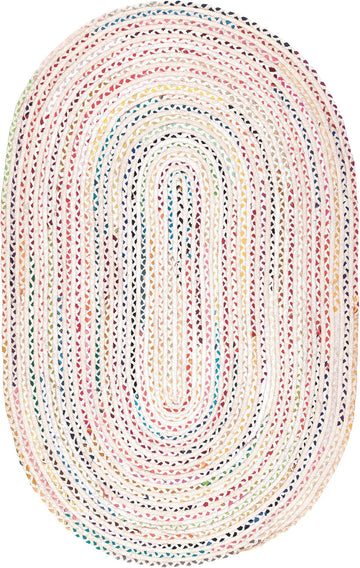Tammara Ivory/Multicolor, 3' x 5' Oval, Hand Braided, Bohemian, Cotton, Soft and Cozy, High Traffic, Stain Resistant