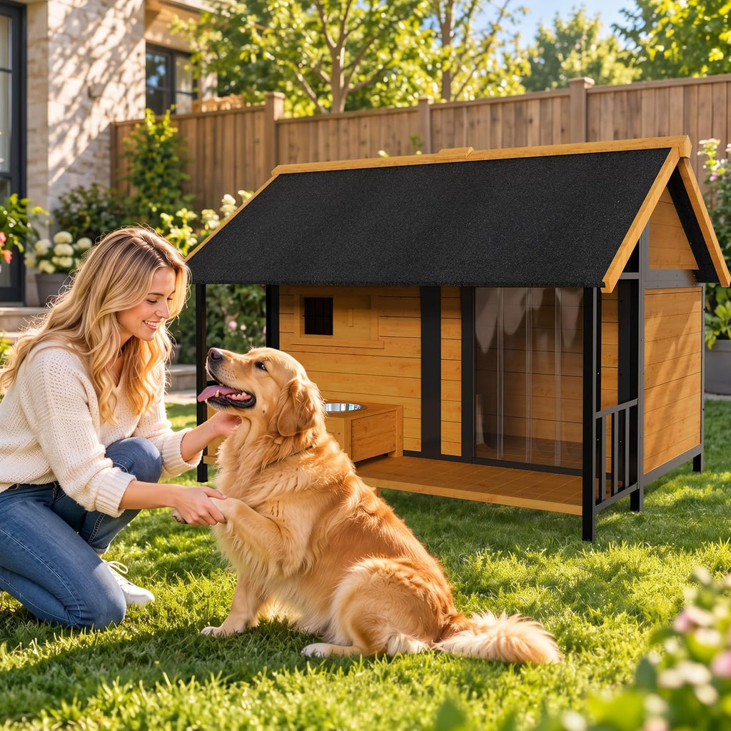 X-Large Outdoor Dog House with Insulated Liner & Dog Bowls