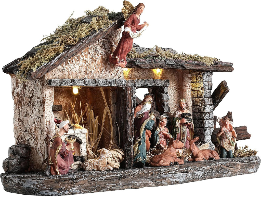 Nativity Scene Set with LED Lights,15.3" Resin Holy Family Character Stables Sculpture Manger Figurine for Indoor
