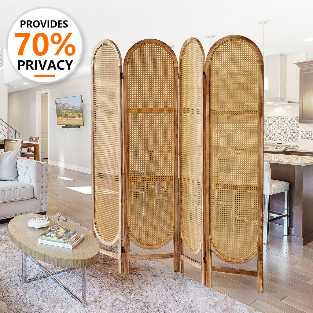 4 Panel Rattan Room Divider, Folding Room Divider Screen, Natural