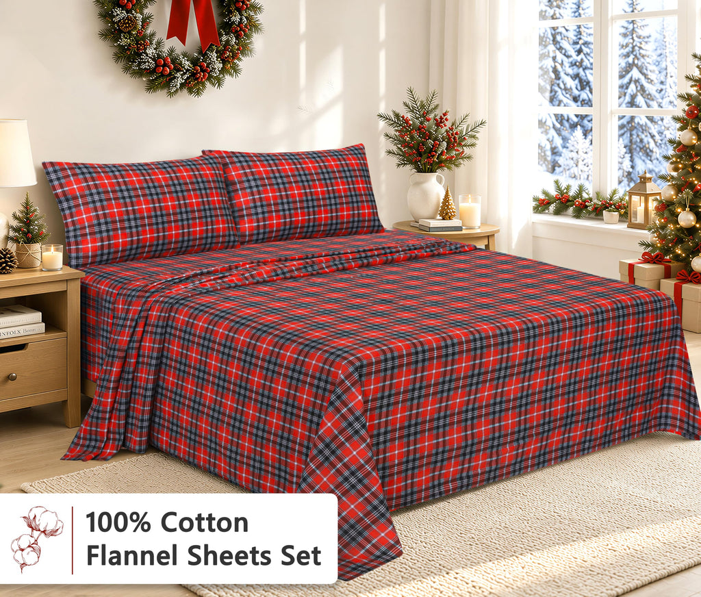 100% Cotton Flannel Sheets Full Size, 4 PCs, Red Plaid