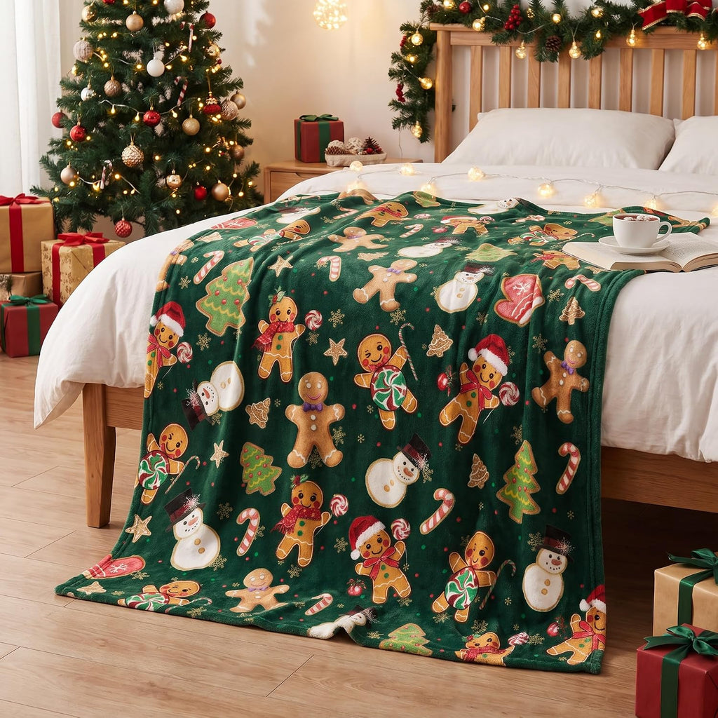 Christmas Green Gingerbread Flannel Throw Blanket 50x60