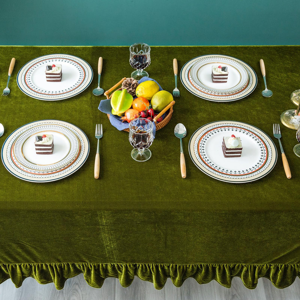 Velvet Tablecloth Luxurious Solid Rectangle Table Cloth, Oblong Retro Farmhouse Ruffle Tablecloths Washable Table