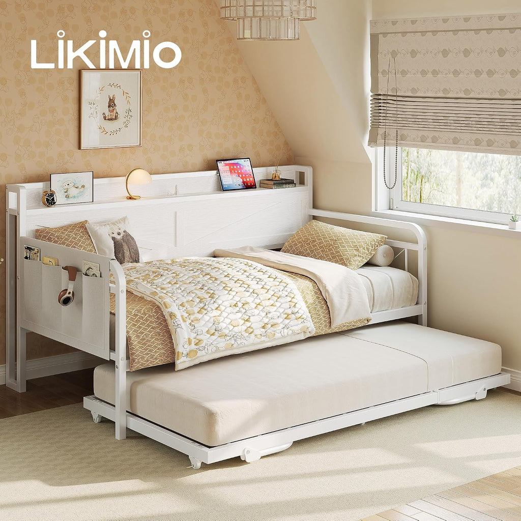 Twin Daybed with Pop Up Trundle & Charging Station & Storage Shelf | Pop Up Trundle with Smooth Wheels, Strong