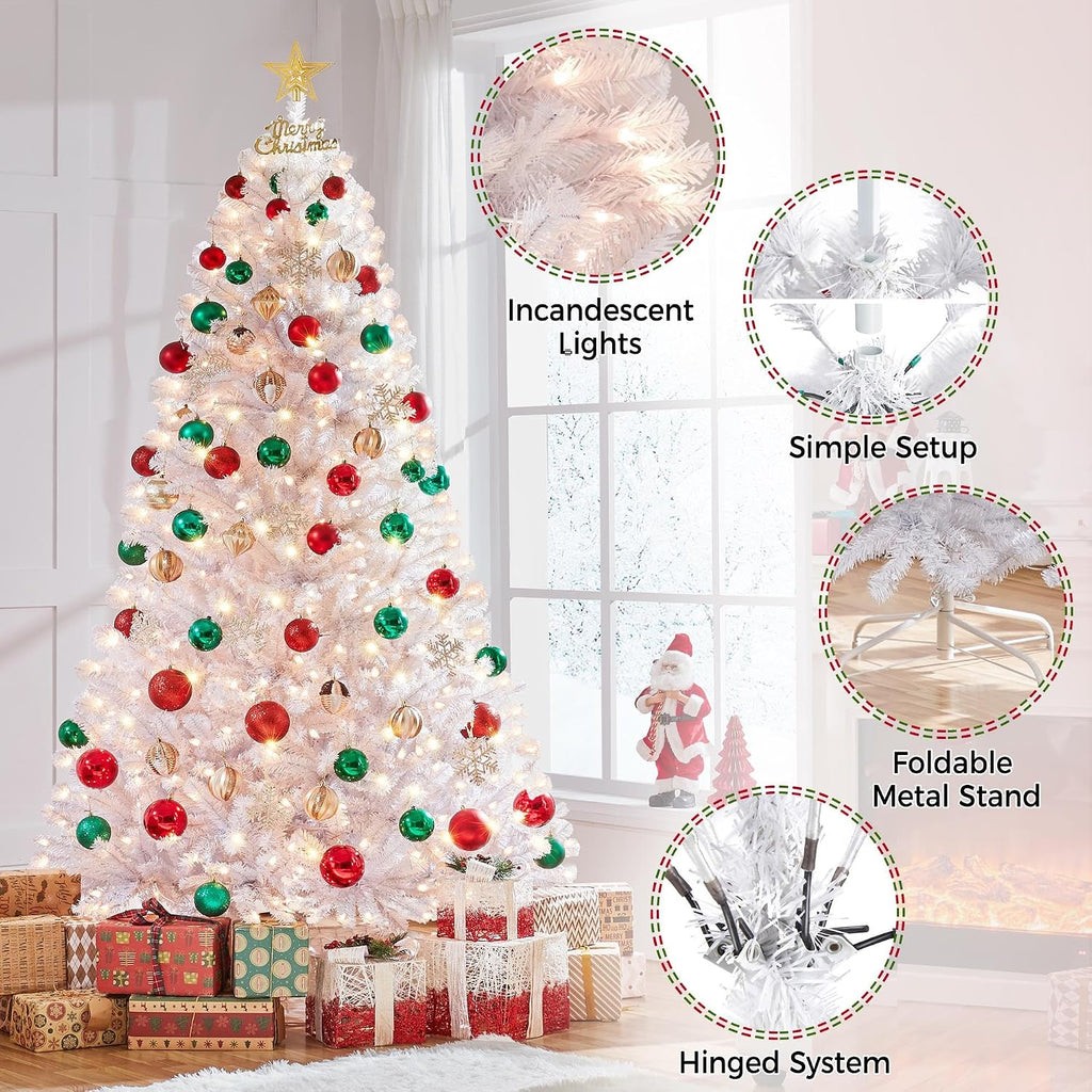7.5ft Prelit Artificial Christmas Tree, 550 Warm Lights, White | 1354PVC tips fluff into an even, layered shape on a