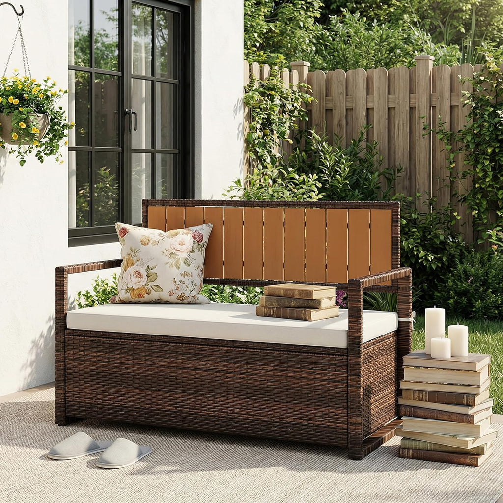 75 Gallon Outdoor Storage Bench with Cushion, 2-Seater PE Rattan Patio Storage Box with Backrest & Armrests