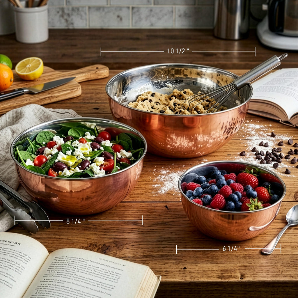 Copper Mixing Bowls - 3 Piece Bowl Set for Cooking, Baking, Serving, and Prepping - Copper Stainless Steel Mixing